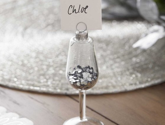 Kaarthouder | Wijnglas gevuld met confetti | Zilver glitter 